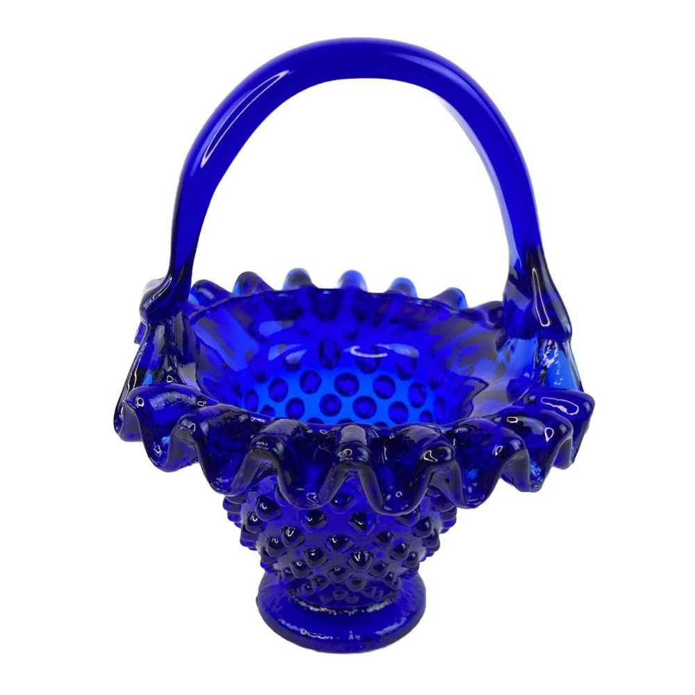 *Cobalt Blue Glass Hobnail Decorated Basket with Ruffled Collar & Applied Handle